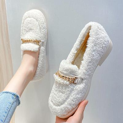 Модные стельки из плюша и меха, женские туфли на плоской подошве из шерсти, утолщенные каблуки, мокасины, женские удобные зимние мокасины из овечьей шерсти с жемчужной цепочкой