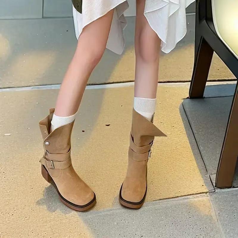 Fashion Fashion Belt Buckle Vintage Mid-calf Boots Women 2024 Autumn Chunky Heels Western Cowboy Boots Woman PU Leather Knight Booties