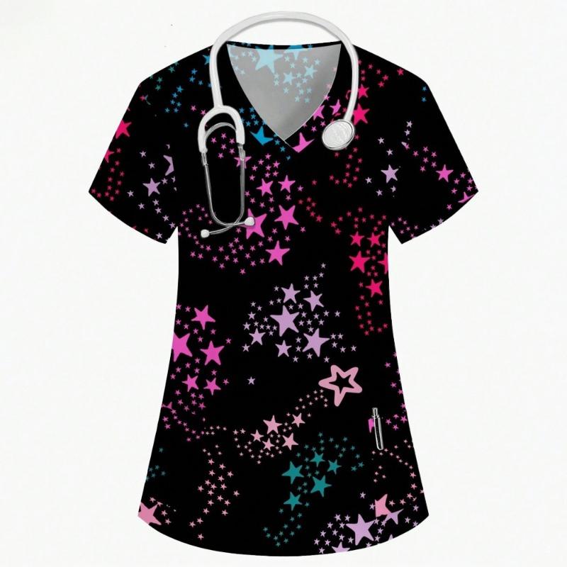 Cartoon Animal Nursing Scrubs Tops Women Nurse Uniform Women Fashion V-Neck Pocket Overalls Medical Uniforms Uniformes Woman