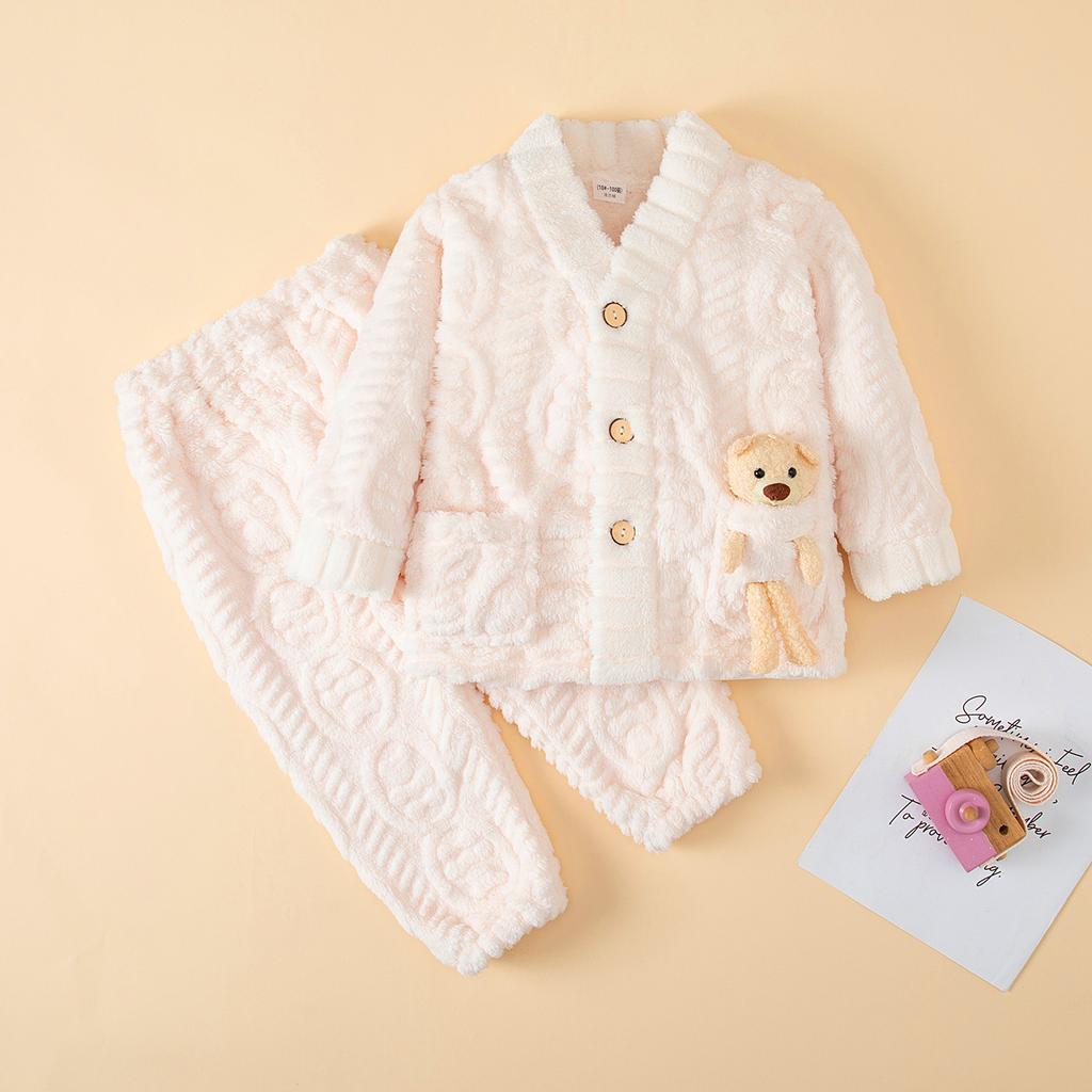 Детские осенне-зимние мягкие фланелевые теплые пижамные комплекты, детская мультяшная пижама с принтом медведя, пальто и брюки, пижама для мальчиков и девочек, повседневная одежда для сна