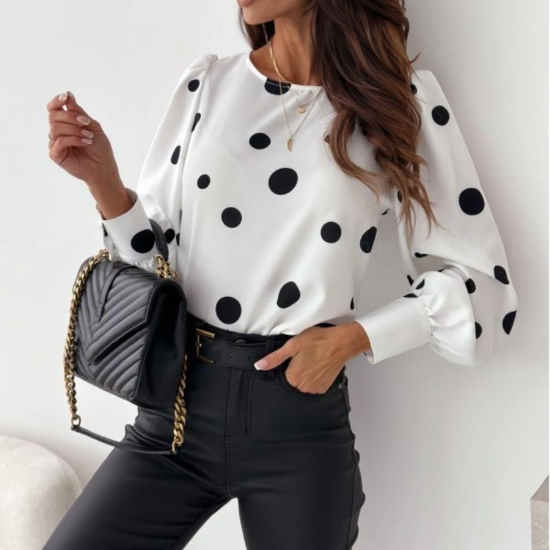 YYFS Женские модные повседневные весенне-осенние блузки и рубашки с круглым вырезом в горошек и длинными рукавами