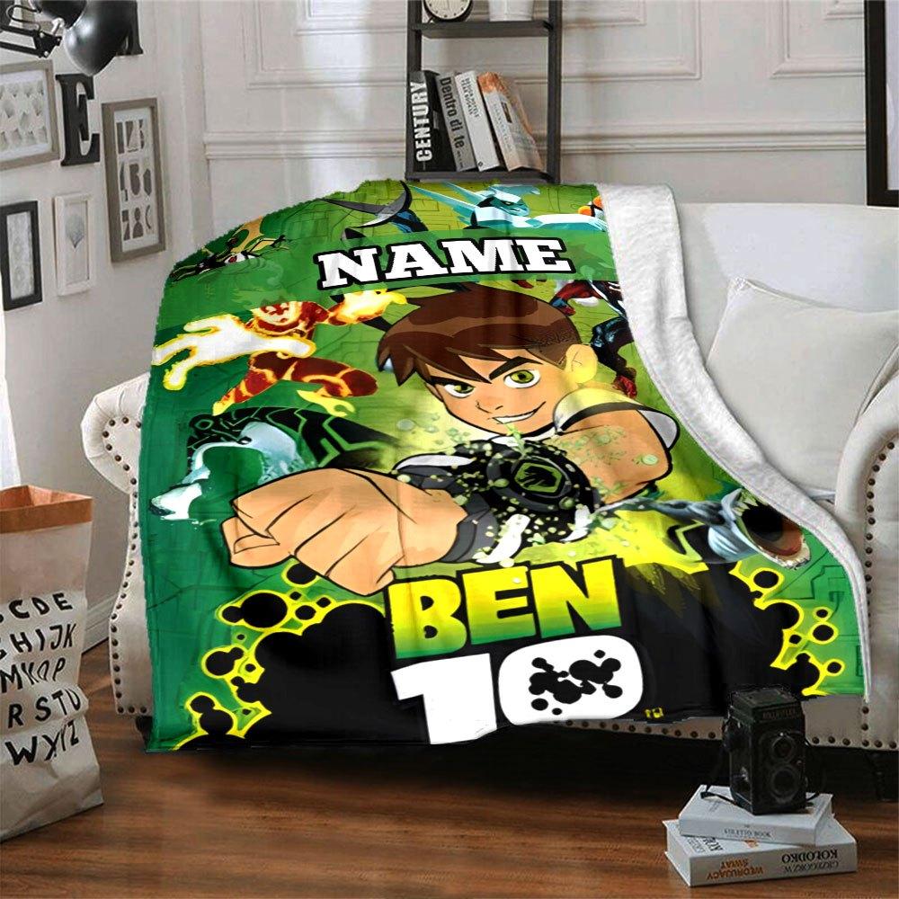 Ben 10 Characters And Placeholder On Green Background Cozy Customizable Blanket Customize Your Name Comfortable Texture Suitable For Sofa Couch Office