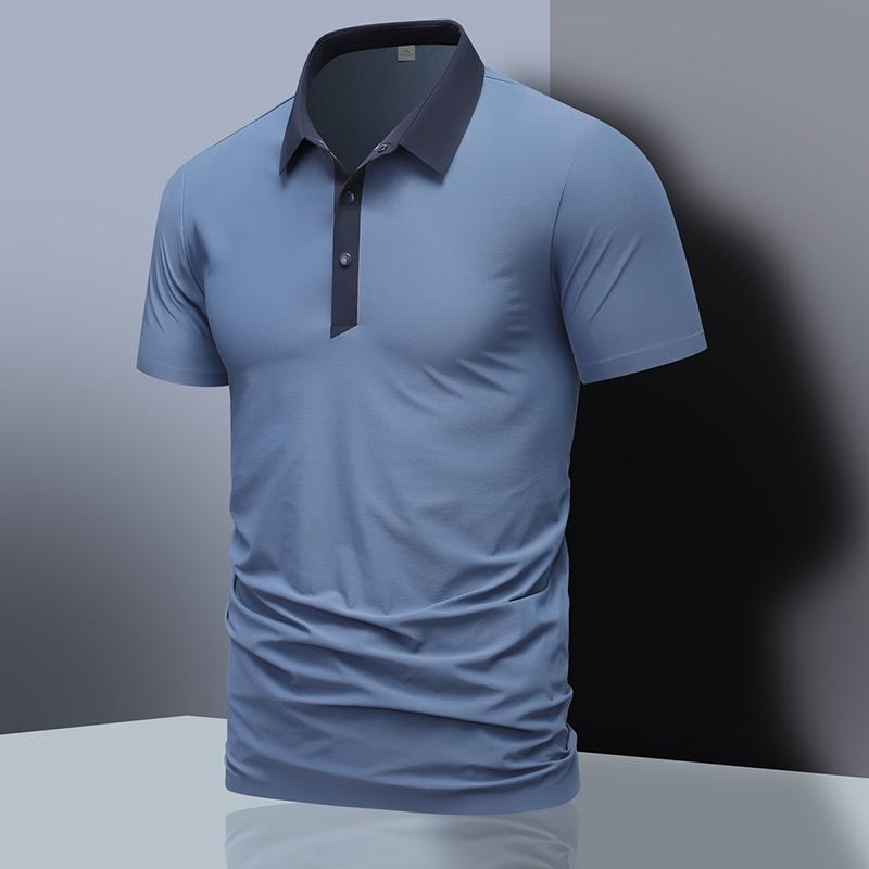 Men's Blue Color Contrast Dark Collar Short Sleeve Chiffon Business Polo Shirt