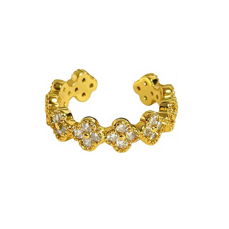 Light Luxury Retro Style Multi-Colored Flower Four-Leaf Clover Full Of Diamonds Zir*****Pen Ring Small Flower Niche Design Stacked Ring