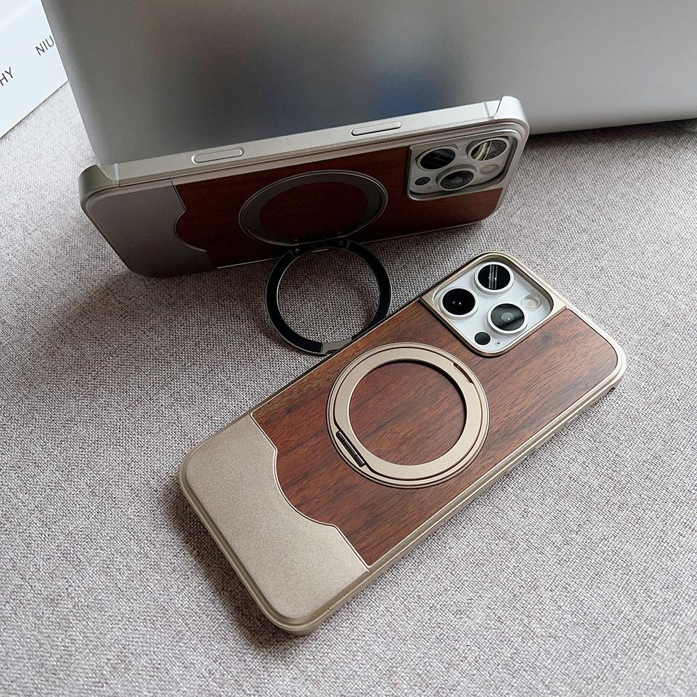 Гибридный чехол из сплава и дерева для iPhone 13 14 15 16 Pro Max, вращающаяся на 360° металлическая подставка, матовый, магнитный, расширяемый, безрамочный чехол-обложка