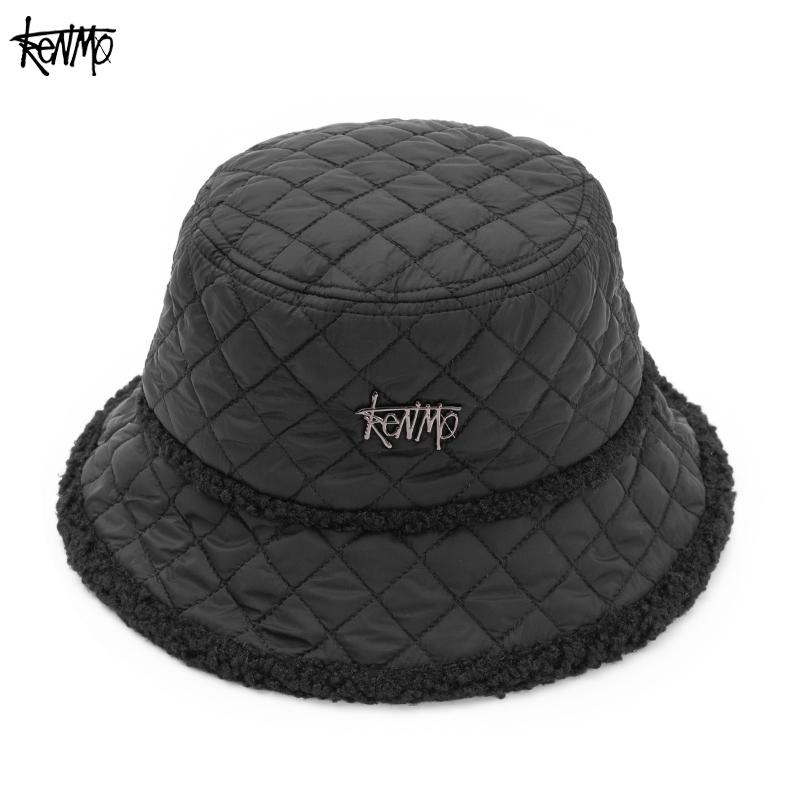 KENMO autumn and winter cotton fringed fisherman hat with warm vintage diamond grid basin hat that can be folded for easy carrying