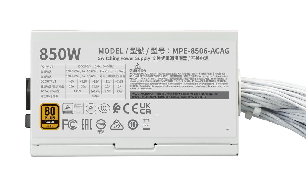 Cooler Master MWE Gold 850 V3 ATX White PC Power Supply Unit 850W PS1566 3.1 Non-Modular MPE-8506-ACAG-GJP