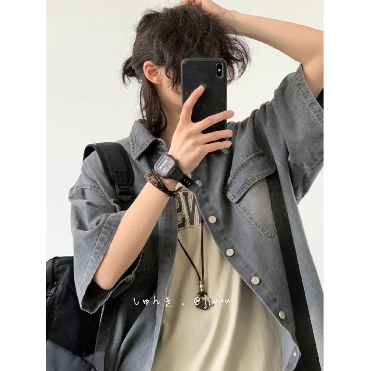 Рубашка с коротким рукавом в стиле ретро из джинсовой ткани, летняя модная мужская и женская марка, японский ретро-тренд с коротким рукавом, классная и свободная рубашка