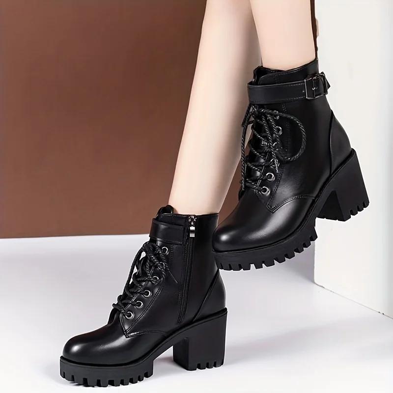Women'S Solid Chunky Heel Boots Fashion Lace Up Shoes For Women Side Zipper Boots Stylish Buckle Strap Detailed Ankle Boots