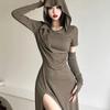 Female Retro Wasteland Style Design Hooded Dress Feminine Temperament Pleated Slim High Slit Spicy Girl