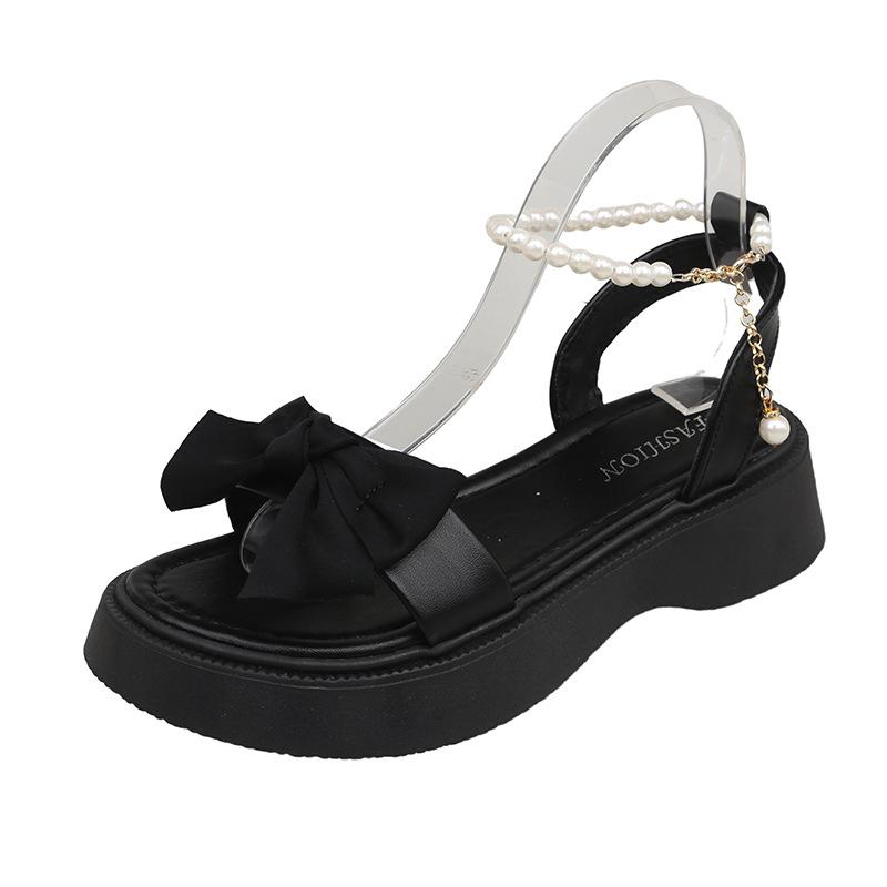 Женские туфли на платформе с жемчугом в римском стиле с бантом, новые летние модные босоножки с открытым носком 2024 года