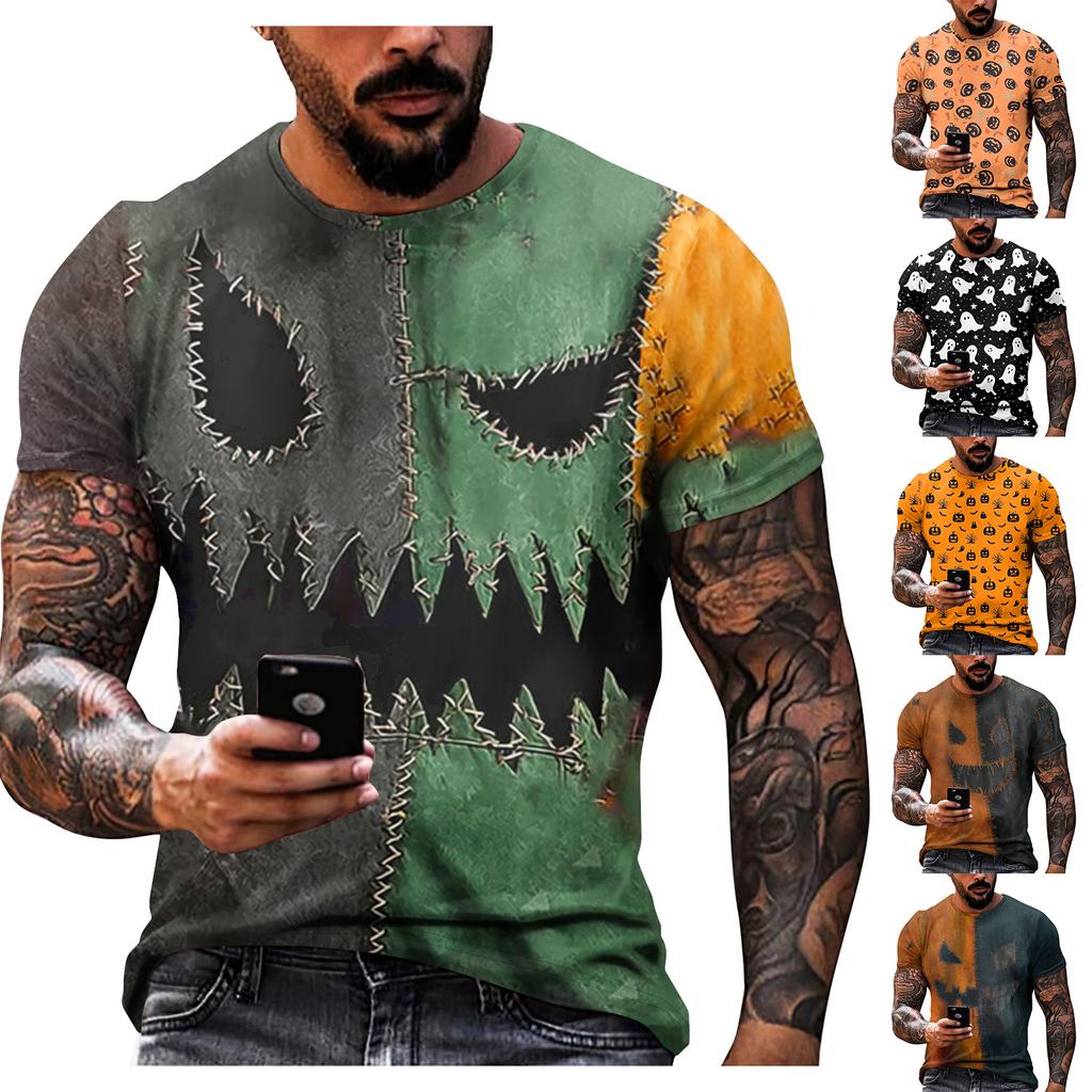 Halloween T Shirt Men's Casual Round Neck Blood Splatter Pattern Tops Horror Bloody Printed Short Sleeve Tops