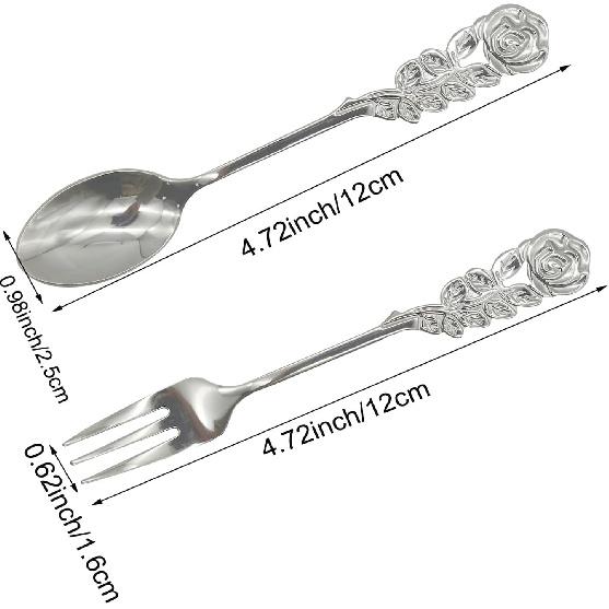 8Pcs Rose Handle Spoon Fork Set 4.72inch 18/10(304) Stainless Steel Flatware for Coffee Tea Dessert Ice Cream Appetizer Fruit