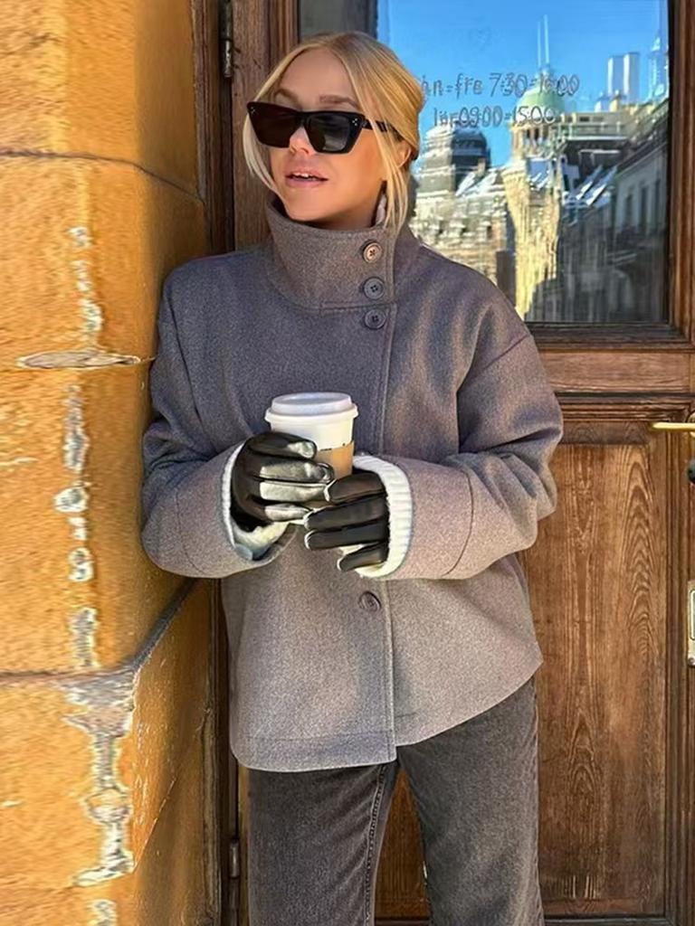 Осень Зима Новая Женская Одежда Элегантное Изящное пальто с воротником-стойкой на пуговицах с длинным рукавом из смесовой шерсти Толстое