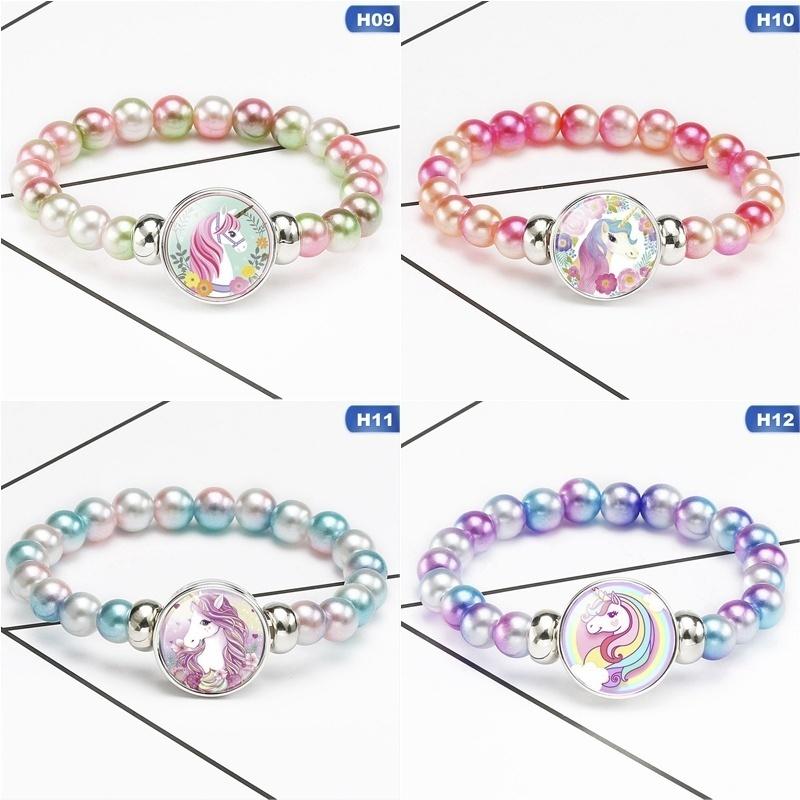 12 Styles Rainbow Unicorn Glass Beads Bracelets & Bangles For Kids Girls Party Accessories Gifts