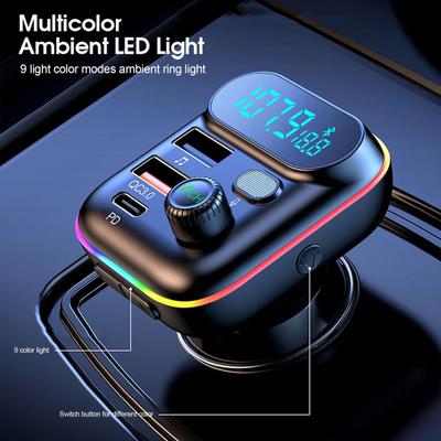 Автомобильный Bluetooth 5.0 FM-передатчик PD Type-C Dual USB 3.1A Цветной окружающий свет Handsfree MP3-модулятор-плеер
