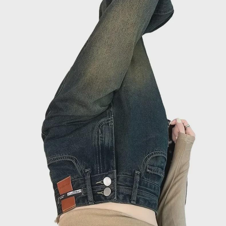 Женские джинсы с высокой талией в стиле ретро синего цвета с широкими штанинами на весну и осень 2024 года — облегающий крой для миниатюрных фигур