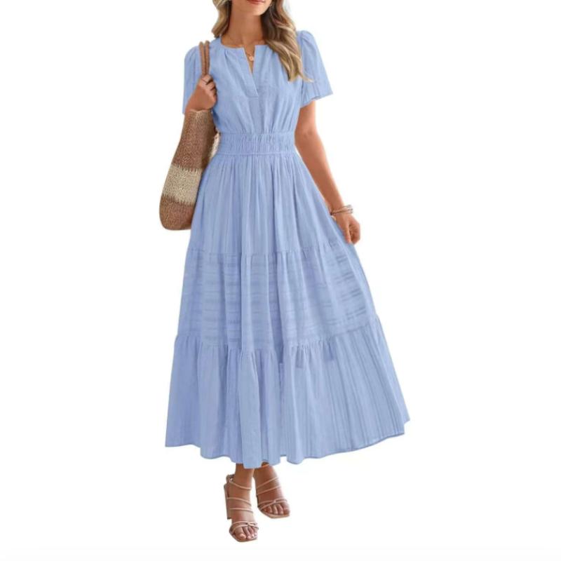 Женское платье с V-образным вырезом, плиссированными рукавами-фонариками, короткими рукавами, уличное модное платье