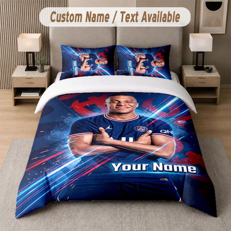 Custom Bedding Set Kylian Mbappe Pattern, Print Name Text 1 Duvet Cover plus 2 Pillowcases Home Textile