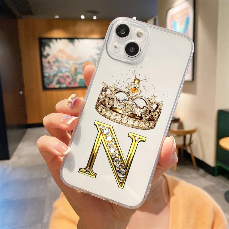 Для iPhone 15 16 14 13 12 mini 11 Pro Max XS X XR SE 7 8 Plus Силиконовый Прозрачный Чехол Алмазная Корона Буква 26 Букв Чехол для Телефона