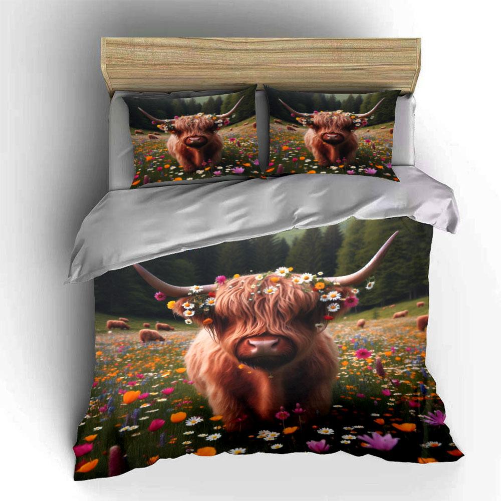 "Highland Cow Floral Art Set" Bedding Set with 1 Duvet Cover 2 Pillowcases Single Double King Queen, Gift