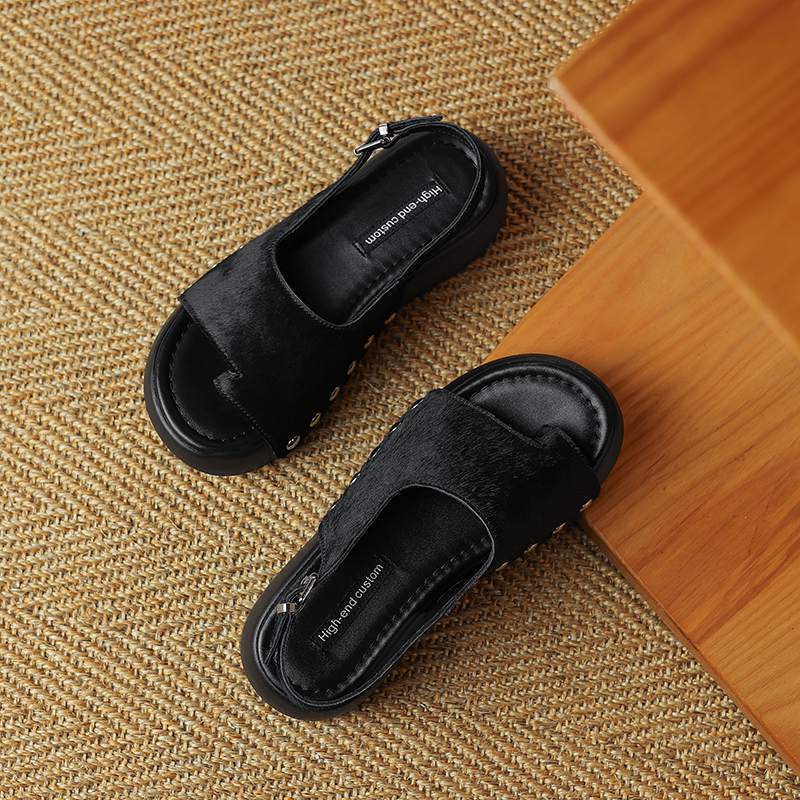 Krazing Pot Конский волос натуральный мех летний размер 42 европейский дизайн толстая подошва плоская платформа женские суперзвезда открытый носок сандалии