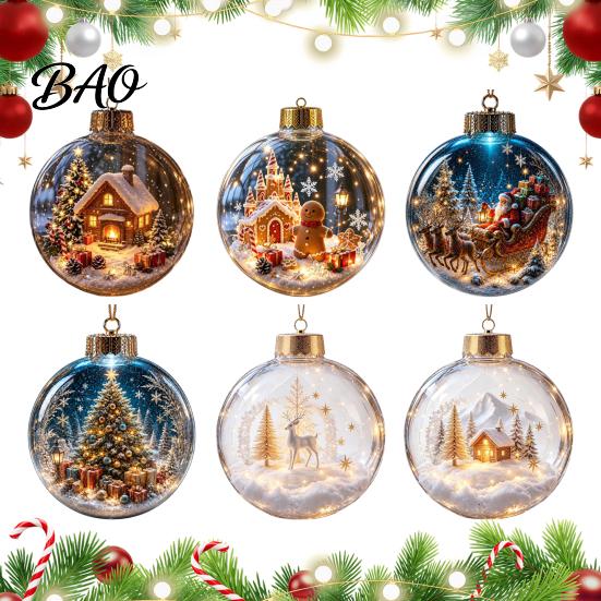 Christmas Theme Decorations Ball Ornament with LED Lights, Snow Scene Acrylic Clear Decor Decor, Shatterproof Xmas Tree Hanging Sphere Holiday