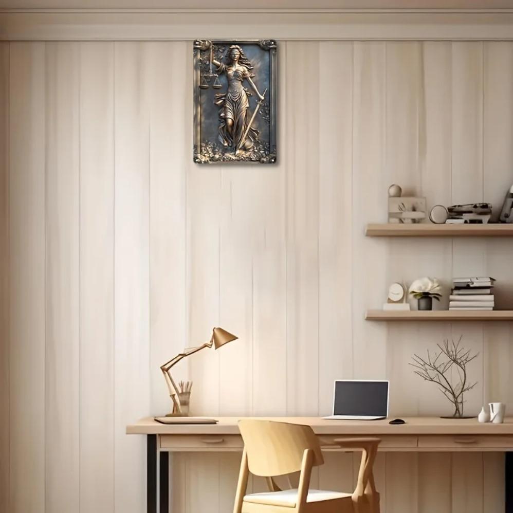 Винтажное алюминиевое настенное украшение: Дизайн Богини Правосудия с Весами Правосудия - Декоративная Металлическая Табличка для Бара, Гостиной