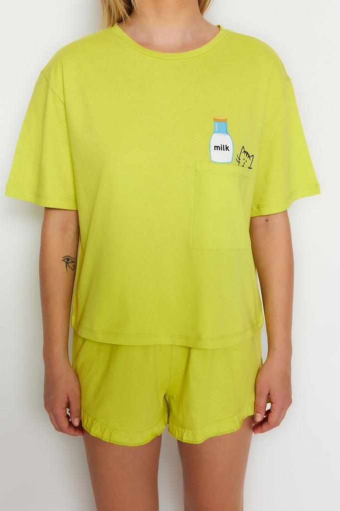 Women's Fashion New Pajama Set Gray Cotton Printed T-shirt-Shorts Knitted Pajama Set