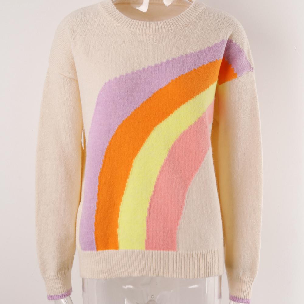 Осенне-зимний женский свитер-пуловер с длинным рукавом, с радужными полосками, модный свитер, трикотаж