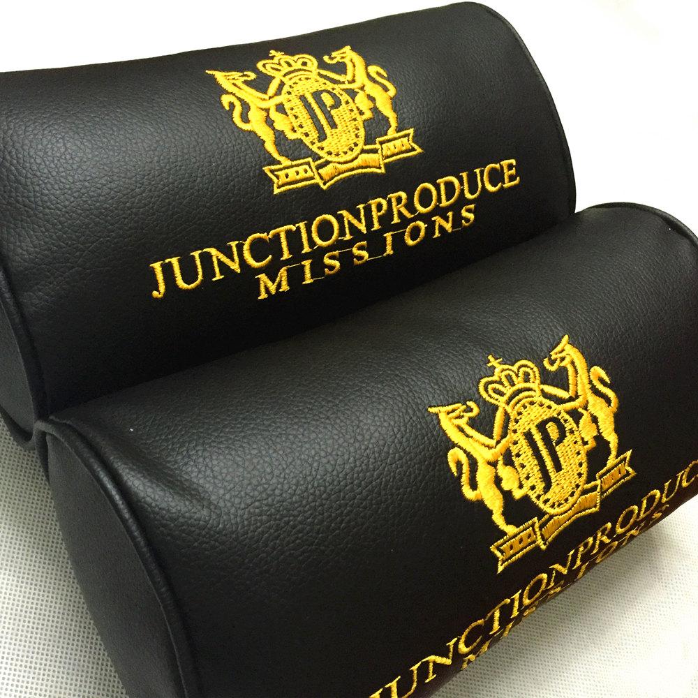 2Pcs Junction Produce JDM Car Seat Neck Pillows Headrests White JP Black Leather
