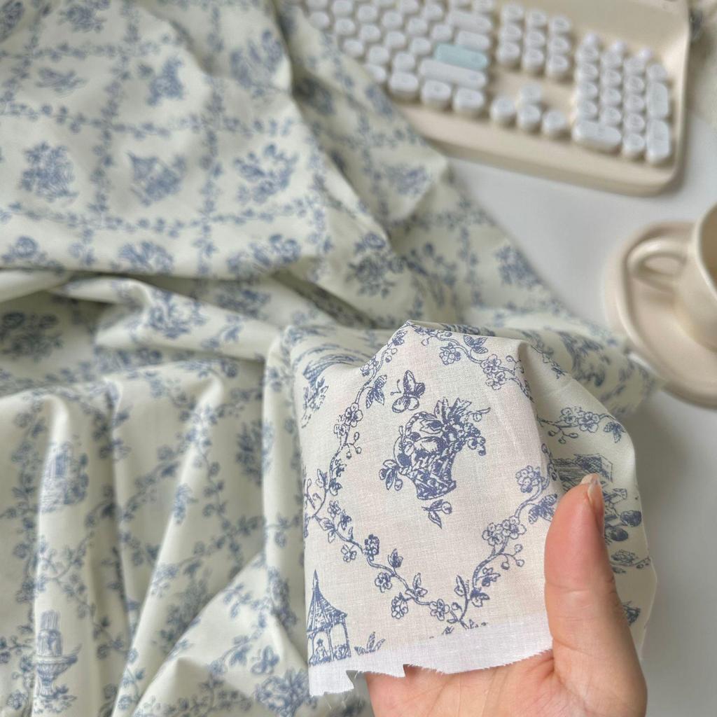 100% Cotton Digital Print Fabric: Retro Blue & White Floral Design for Children's & Women's Dresses and Handbags