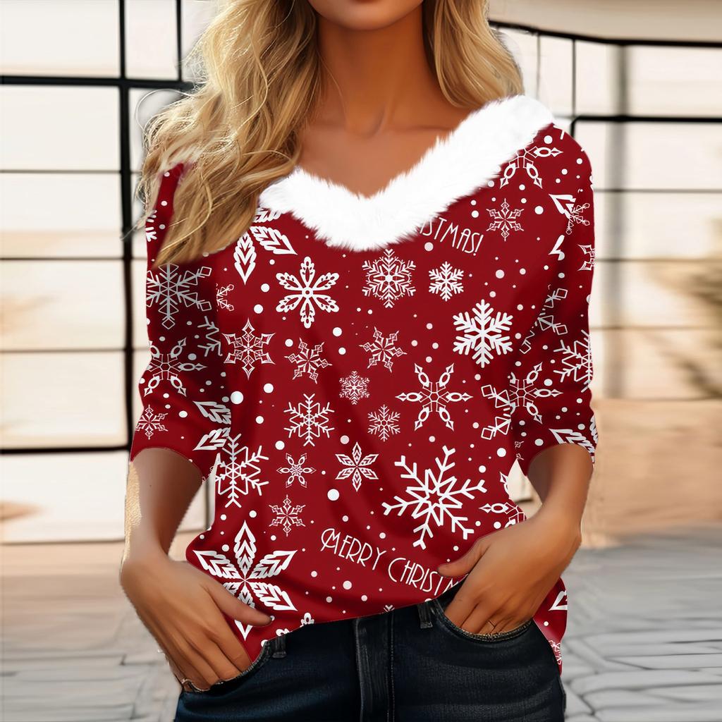 Женская мода с длинным рукавом и рождественским принтом, праздничный воротник, V-образный вырез