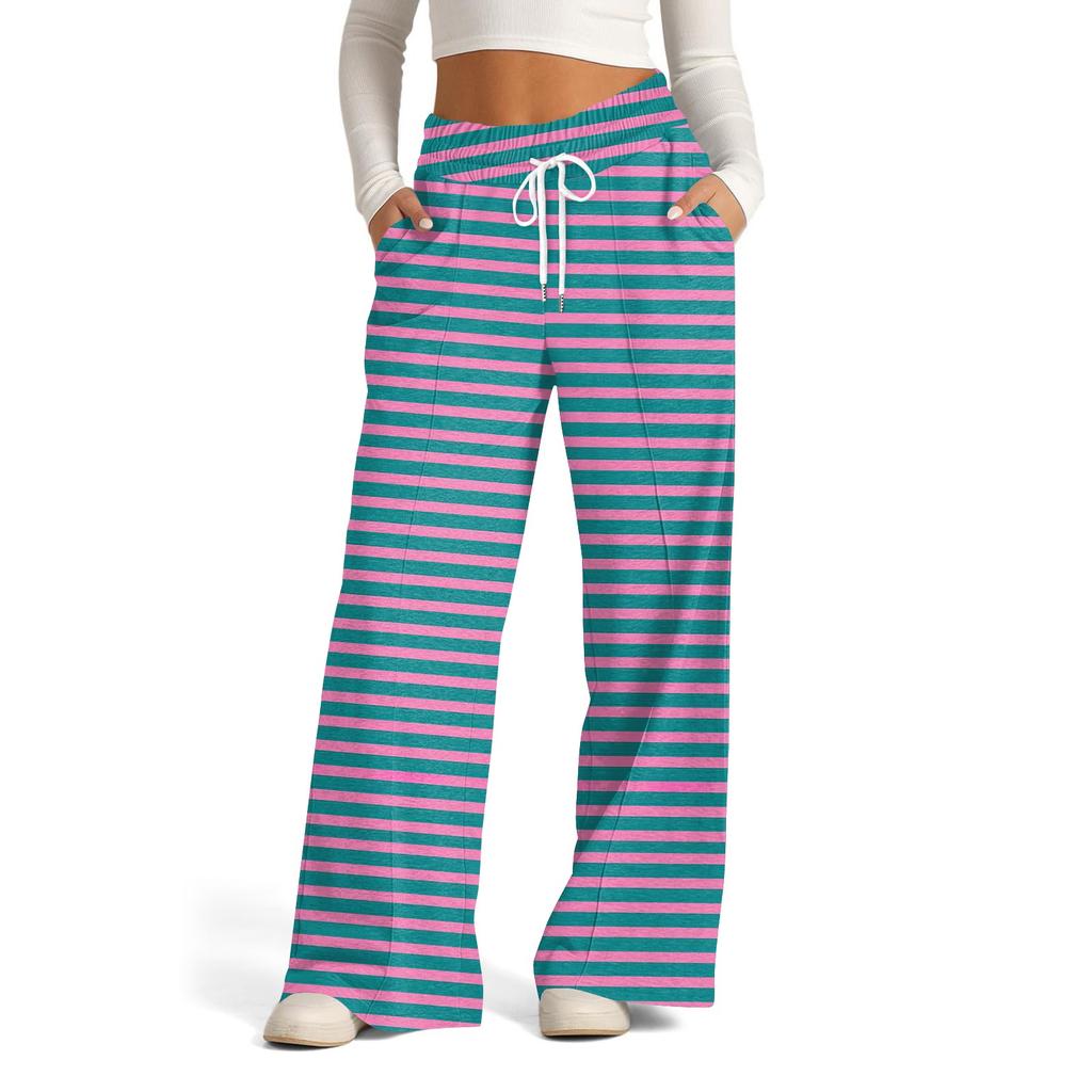 Women's Wide Leg Casual Pants High Waist Striped Sports Pants