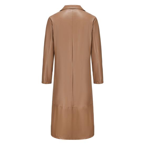 Men Jacket Turn-down Collar Smooth Solid Color Faux Leather Windproof Streetwear Slim Fit Long Sleeve Men Trench Coat