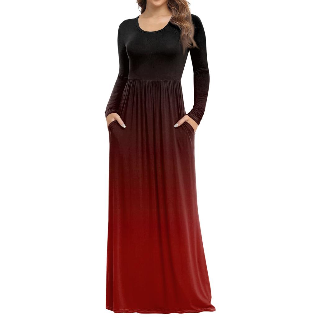 Женское модное повседневное платье с круглым вырезом и длинными рукавами с карманами