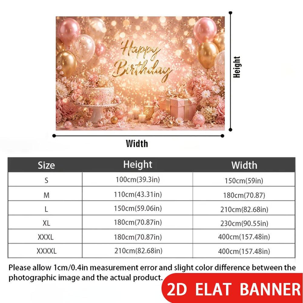 2D Flat Banner, Birthday Backdrop, Pink and Golden Balloons, Floral Arrangements, Cakes, Polyester