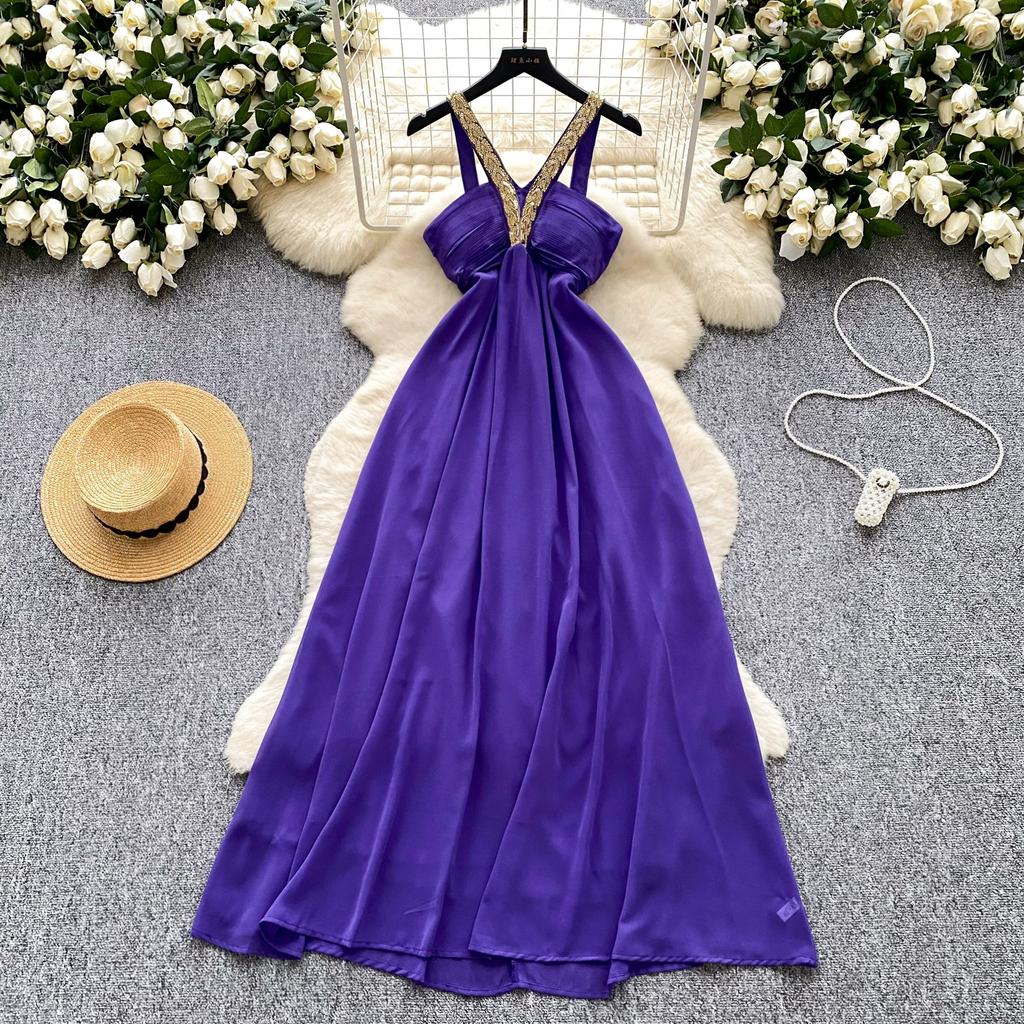 Summer Women Sexy Purple Strapless Open Back Sequined Beading Long Midi Holiday Beach Dress