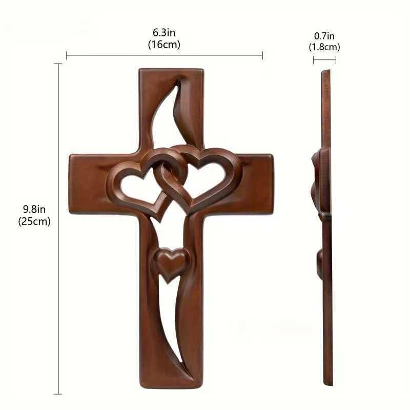 Hand Carved Wooden Wall Cross Double Intertwined Hearts Rustic Decor for Entryway Anniversary Gift