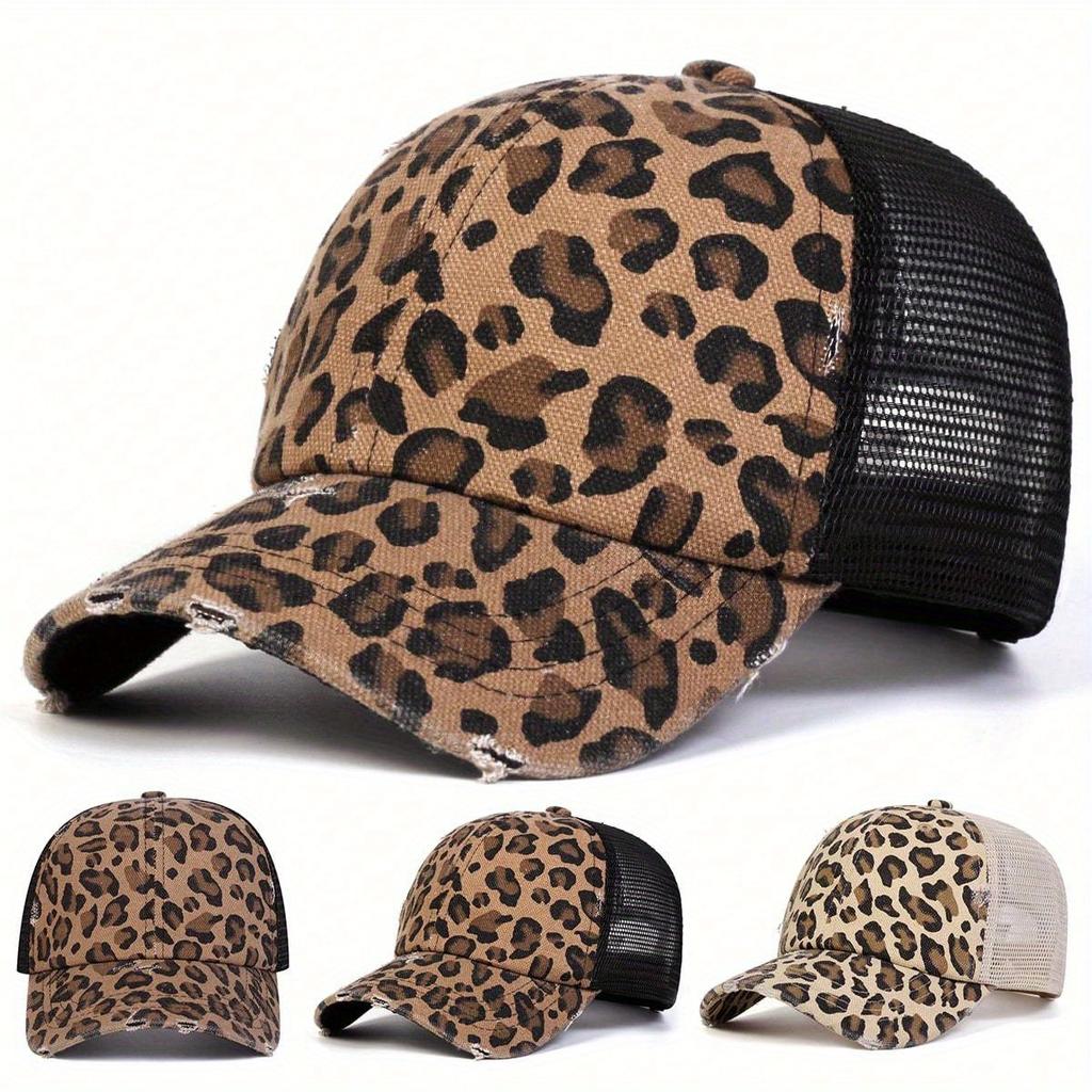 1pc Women Leopard Print Ripped Trucker Hat, Baseball Cap, Streetwear Fashion Casual Hat for Spring/Fall Outings, Travel, Beach Holiday