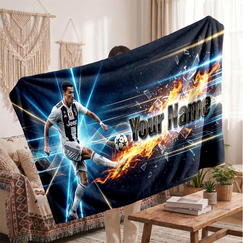 Cristiano Ronaldo Personalized Fleece Blanket With Football Logo, Custom Name Text Soft Warm Home Throw Blanket