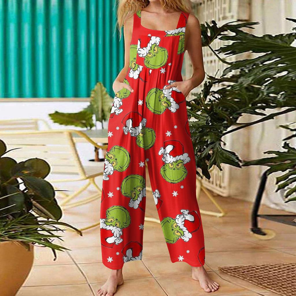 Women's Casual Loose Jumpsuit Christmas Print Wide Leg Jumpsuit Sleeveless With Pockets