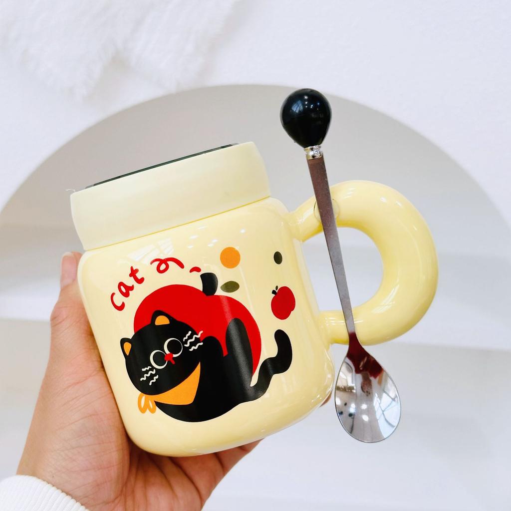 Новый День рождения Непослушный кот Водяная чашка Мультяшная керамическая кружка с крышкой ложкой Мультяшная чашка для питья Подарочный набор Подарочная коробка