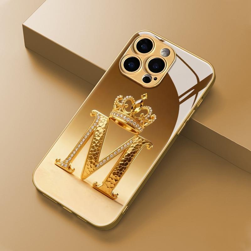 Роскошный Золотой Корона Буква М Узор Металлическая Краска Стеклянный Чехол Для Телефона Для iPhone 17 Pro Max 11 12 13 14 15 16 Plus 17 Air 16E Чехол