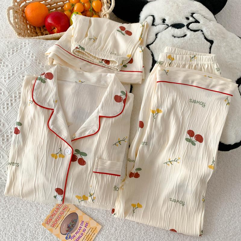 Пижама Сладкая Вишня Женская Летняя с Коротким Рукавом Кардиган Домашняя Одежда Набор из Трех Предметов Можно Носить На Улицу