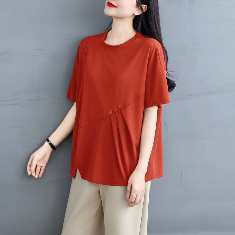 Dimanaf 2025 Летние топы больших размеров из хлопка с круглым вырезом, однотонные асимметричные женские свободные футболки с коротким рукавом