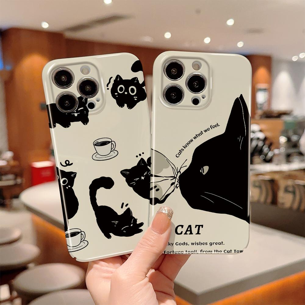 Чехол для телефона с милым черным котом для Samsung Galaxy S20 FE 5G A52 iPhone 15 11 Xiaomi Redmi VIVO OPPO Realme Huawei Infinix Противоударный ультратонкий жесткий чехол