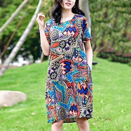 Женское летнее платье с красочным принтом граффити и круглым вырезом с короткими рукавами, свободное до колена и боковыми карманами, пуловер, повседневное платье миди для покупок