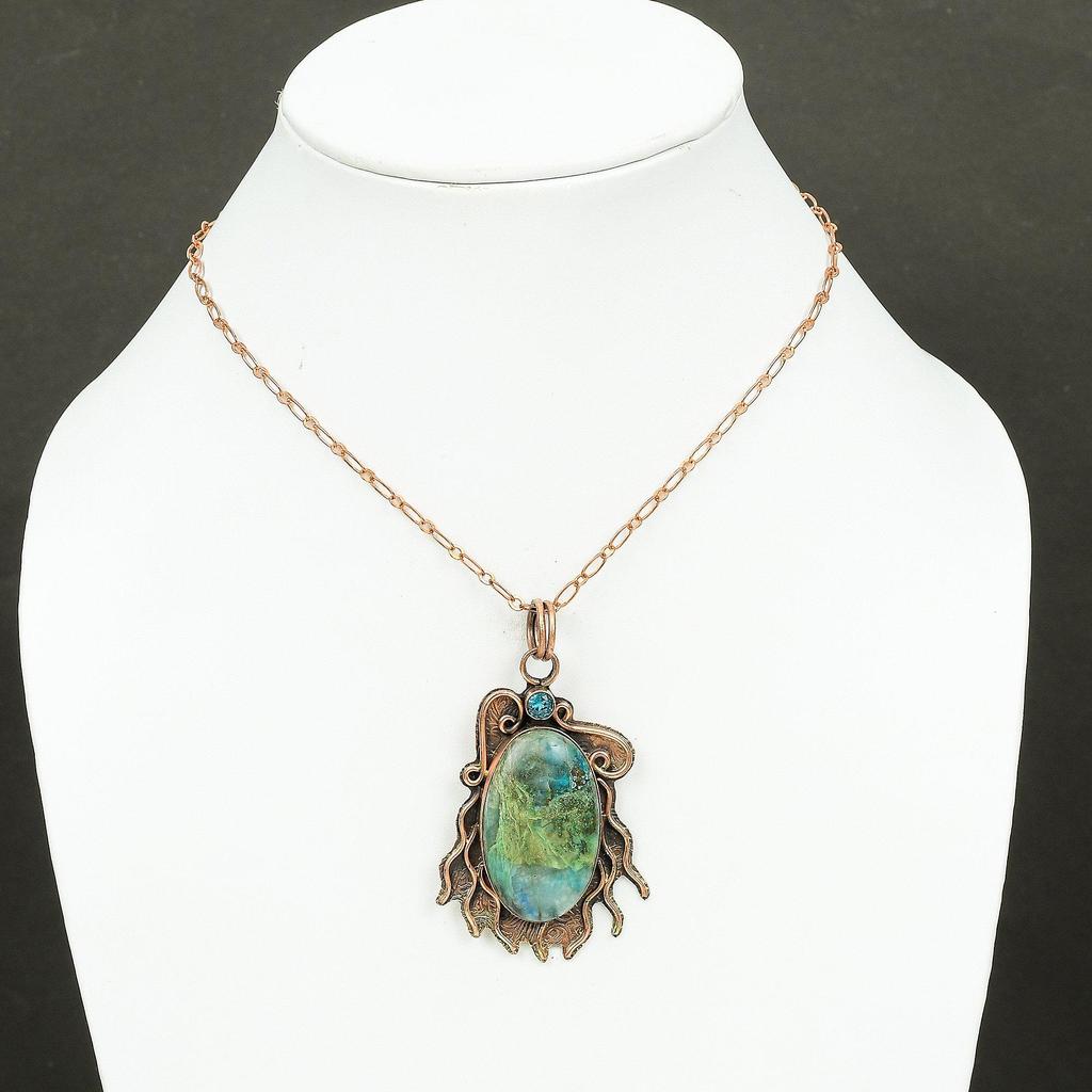 Chrysocolla Pendant Copper Gemstone Pendant Real Swiss Blue Topaz Pendant Copper Jewelry Healing Stone Pendant Gift For Her Handmade Pendant