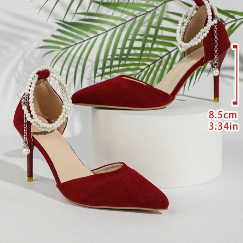 Summer New Pointed High-heeled Sandals Shoes for Women, Red Suede Pearl Straight Buckle with Thin Heels Shoes Women